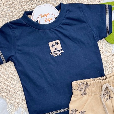 Conj. Camiseta Tropical Boys e Bermuda - Marinho e Caramelo